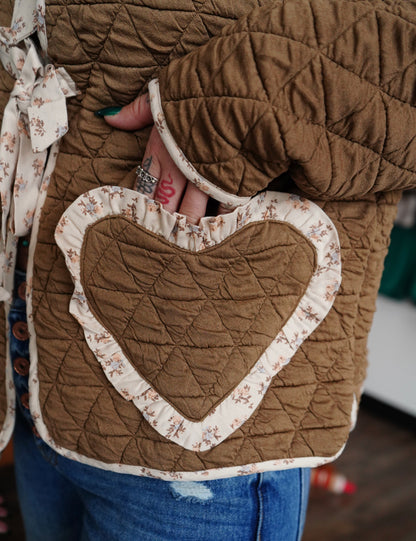 Daisy Spades - Embroidered Coffee Floral Heart Tie Front Jacket
