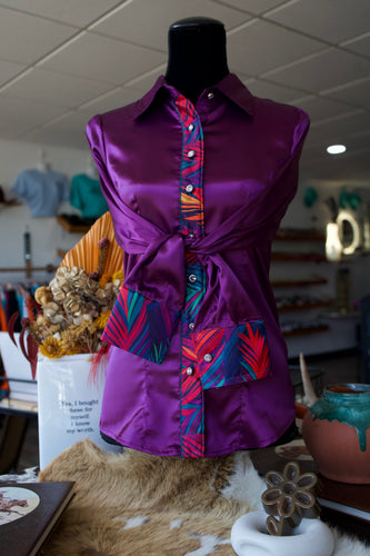 S - Neon Feathers on Purple Button Down