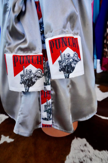 L - Punchy on Silver Satin Button Down
