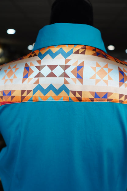 XL - Sunset Aztec on Teal Cotton Button Down