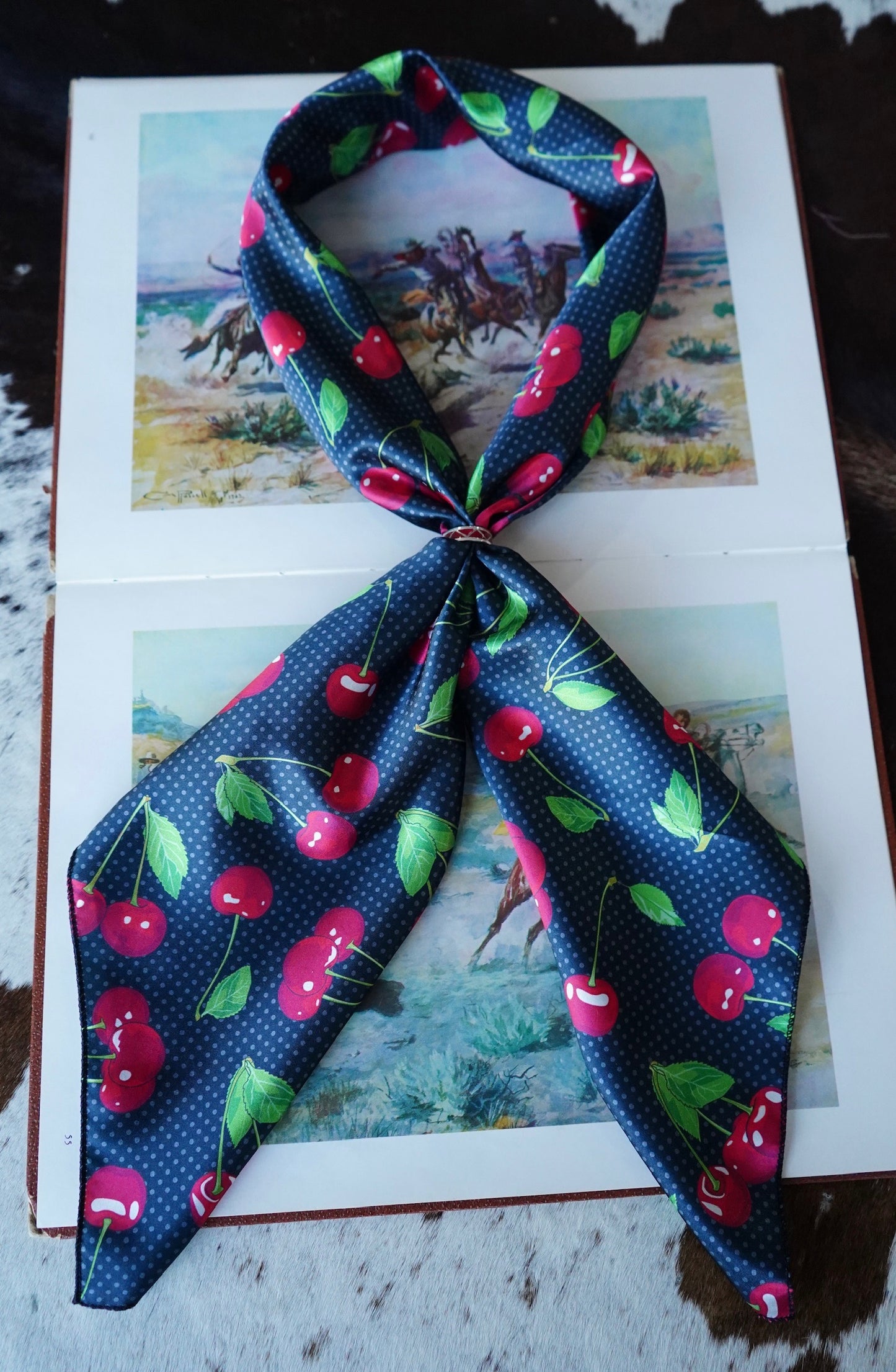 Cherry Pairs on Black & Gray Polka Dots Wild Rag