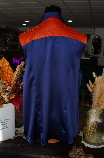 3XL - Navy Satin w/ Rust Cheetah Button Down