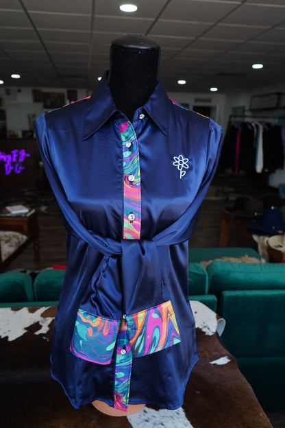 M - Turquoise & Pink Oil-spill on Navy Satin Branded Button Down