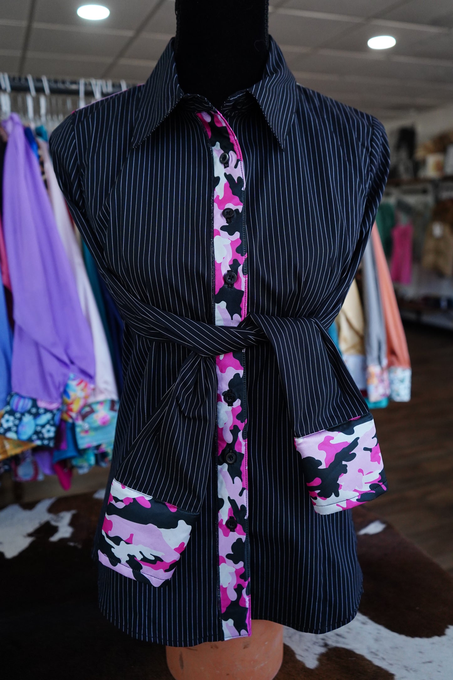 M - Pink Camo on B/W Stripe Cotton Button Down