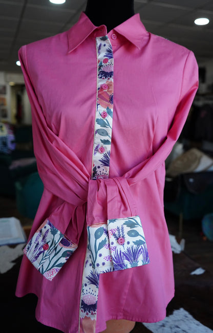 XL - Plum & Coral Floral on Coral Cotton Button Down