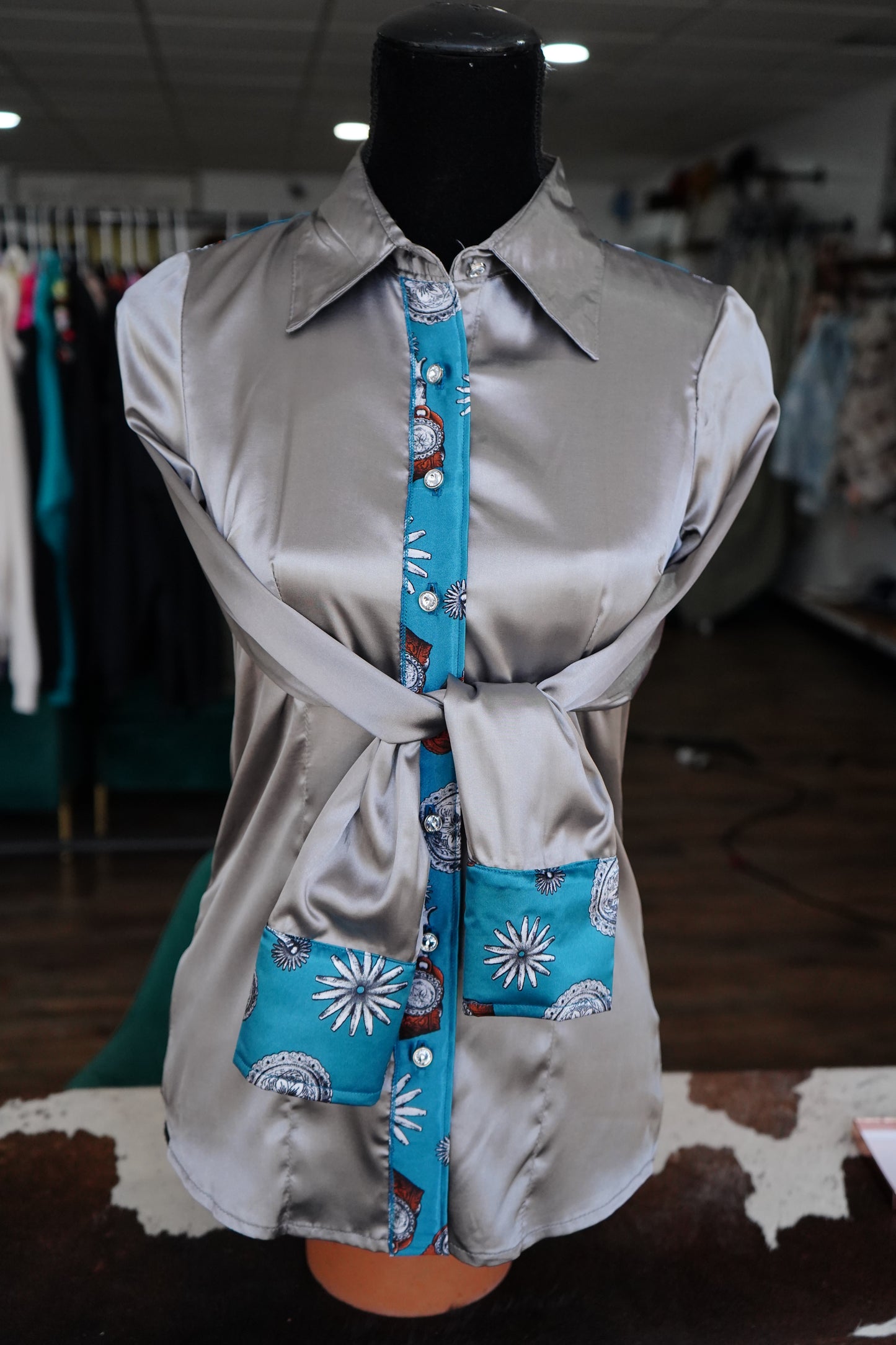 S - Rowels on Gray Satin Button Down