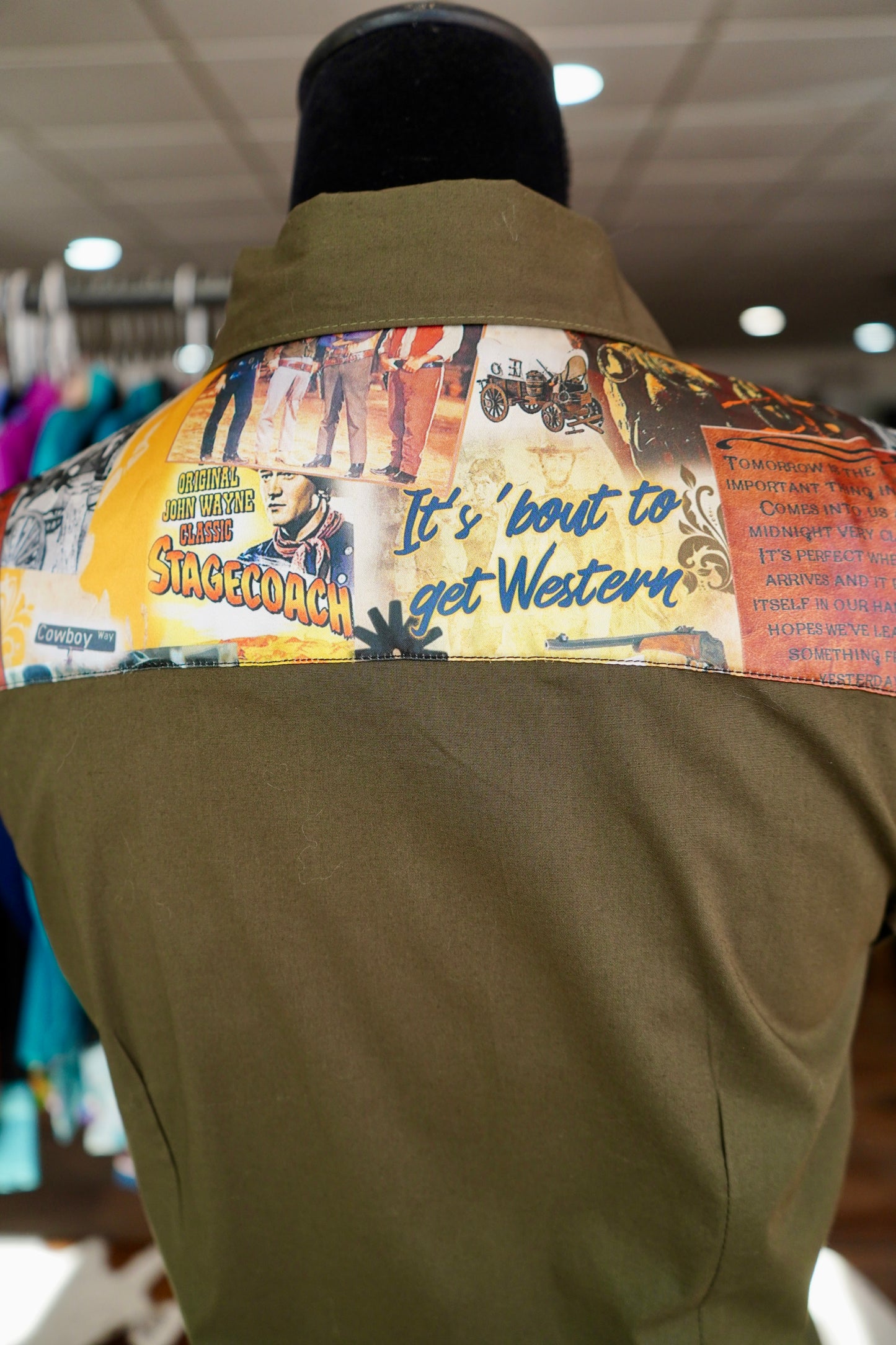 M - Western Movie Posters on Olive Cotton Button Down