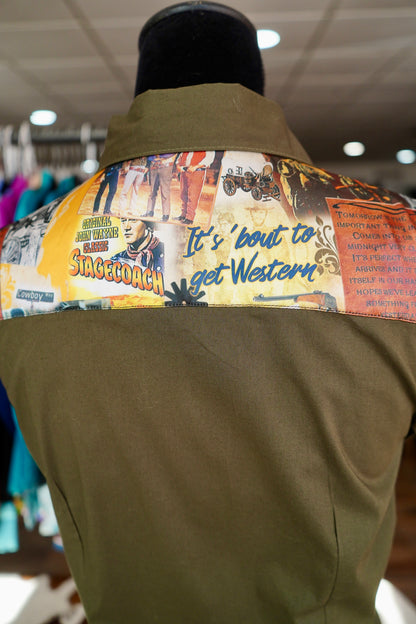M - Western Movie Posters on Olive Cotton Button Down