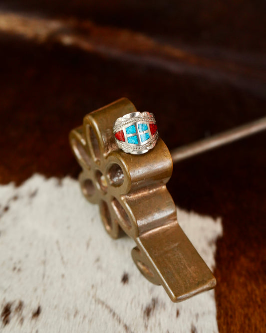 Vintage Crushed Red Coral & Turquoise Ring - Sz 10