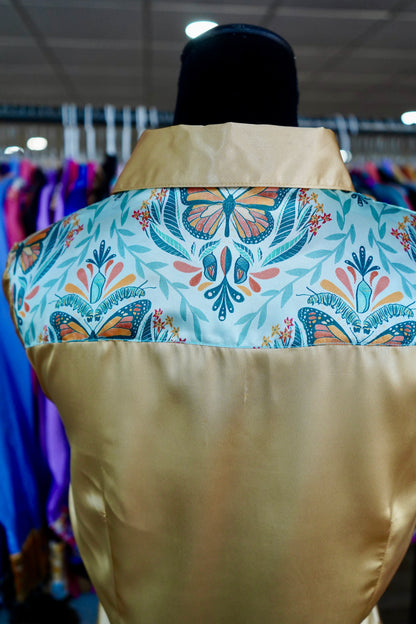 L - Caterpillar & Monarchs on Gold Satin Button Down