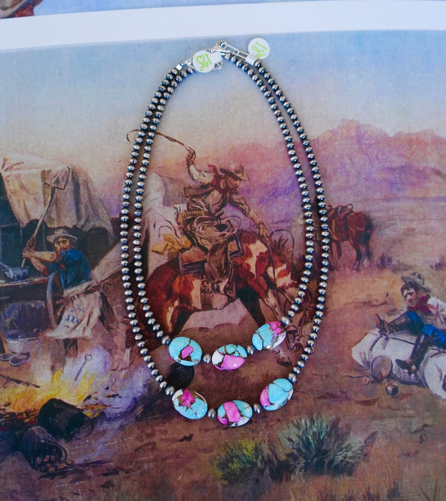 3 Stone Cotton Candy on Sterling Silver Pearls Necklace - 16”