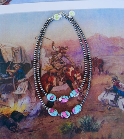 3 Stone Cotton Candy on Sterling Silver Pearls Necklace - 16”