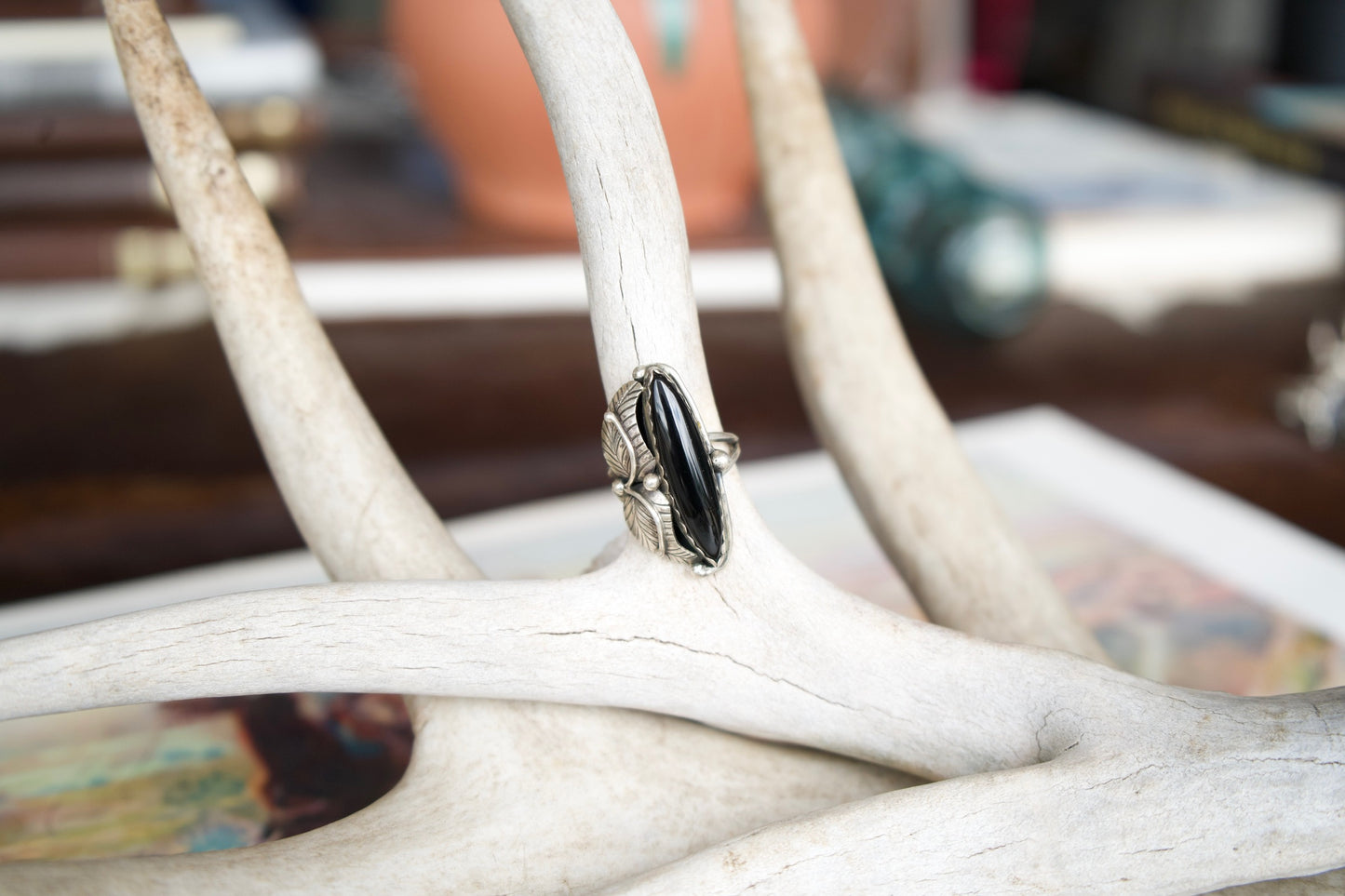 Black Onyx Skinny Oval w/ Silver Leaf Vintage Ring Sz. 9