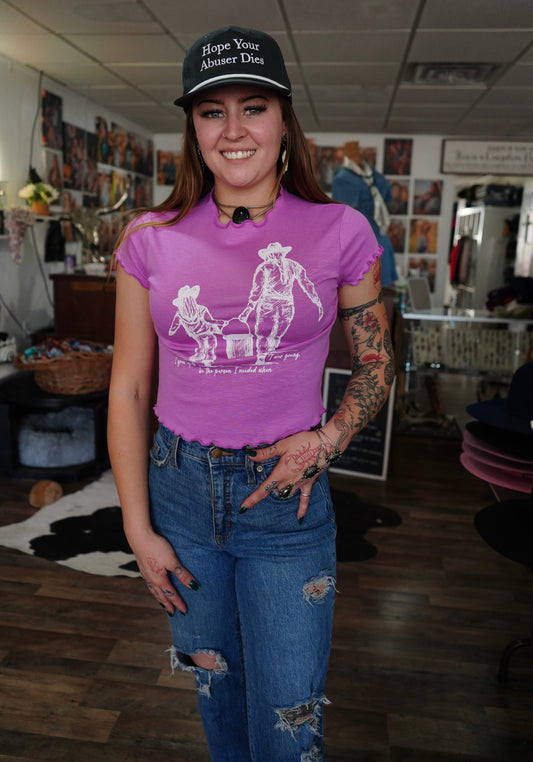 Grew Up - Light Purple Cotton Lettuce Trimmed Crop Tee