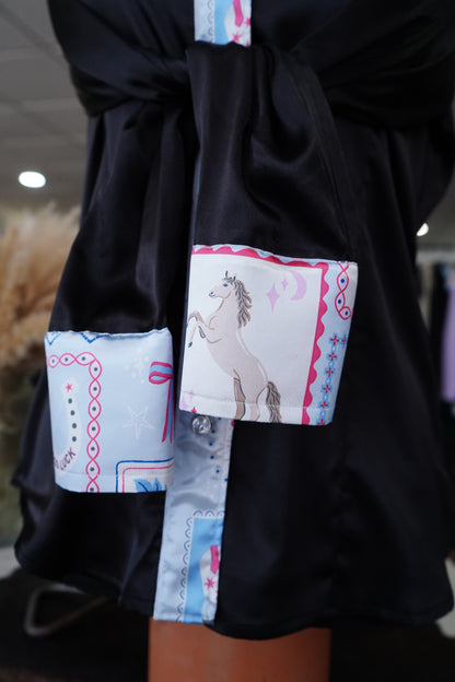 L - Pastel Cowgal Stamps on Black Satin Button Down