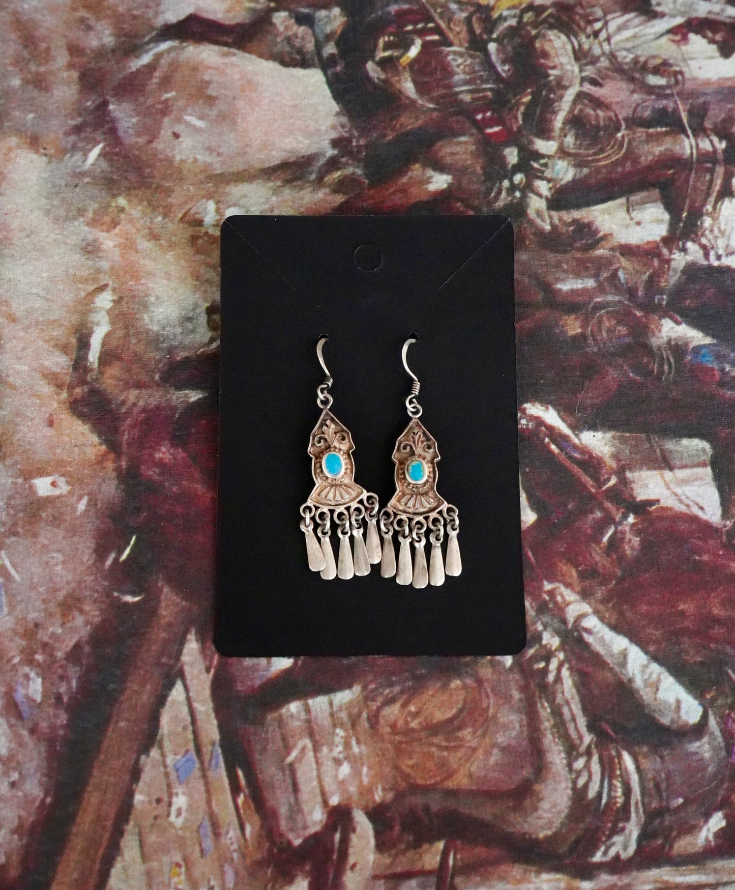 Vintage Turquoise & Silver Detailing w/ Silver Dangles Fishhook Earrings