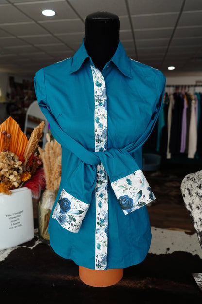 S - Navy Feather Floral on Teal Cotton Button Down