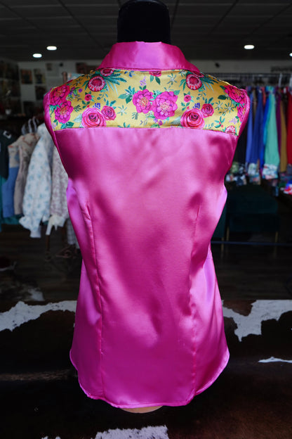 PRELOVED - L - Mustard Pink Flowers on Pink Satin Button Down