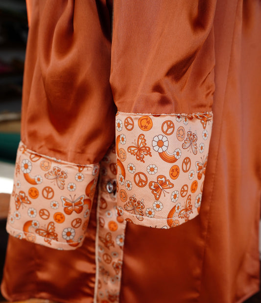 L - Dainty Hippie Butterflies on Rust Satin Button Down