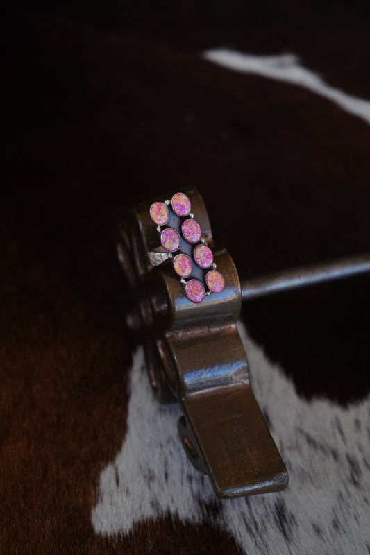 8 Stone Pink Opal Ring w/ Stamped Band Ring - Adj