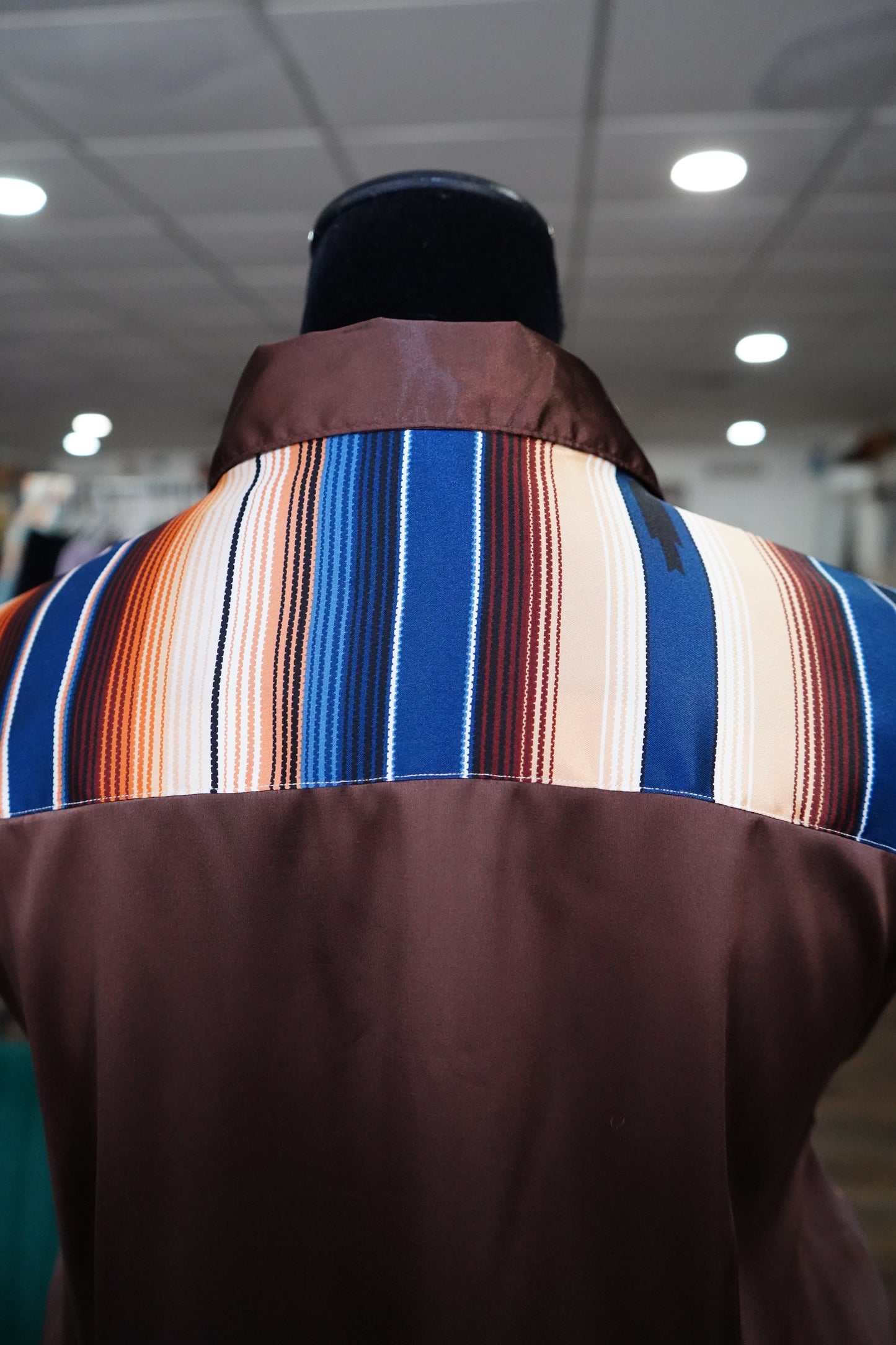 3XL - Brown & Navy Serape on Brown Satin Button Down