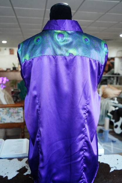 3XL - Peacock Feathers on Purple Satin Button Down