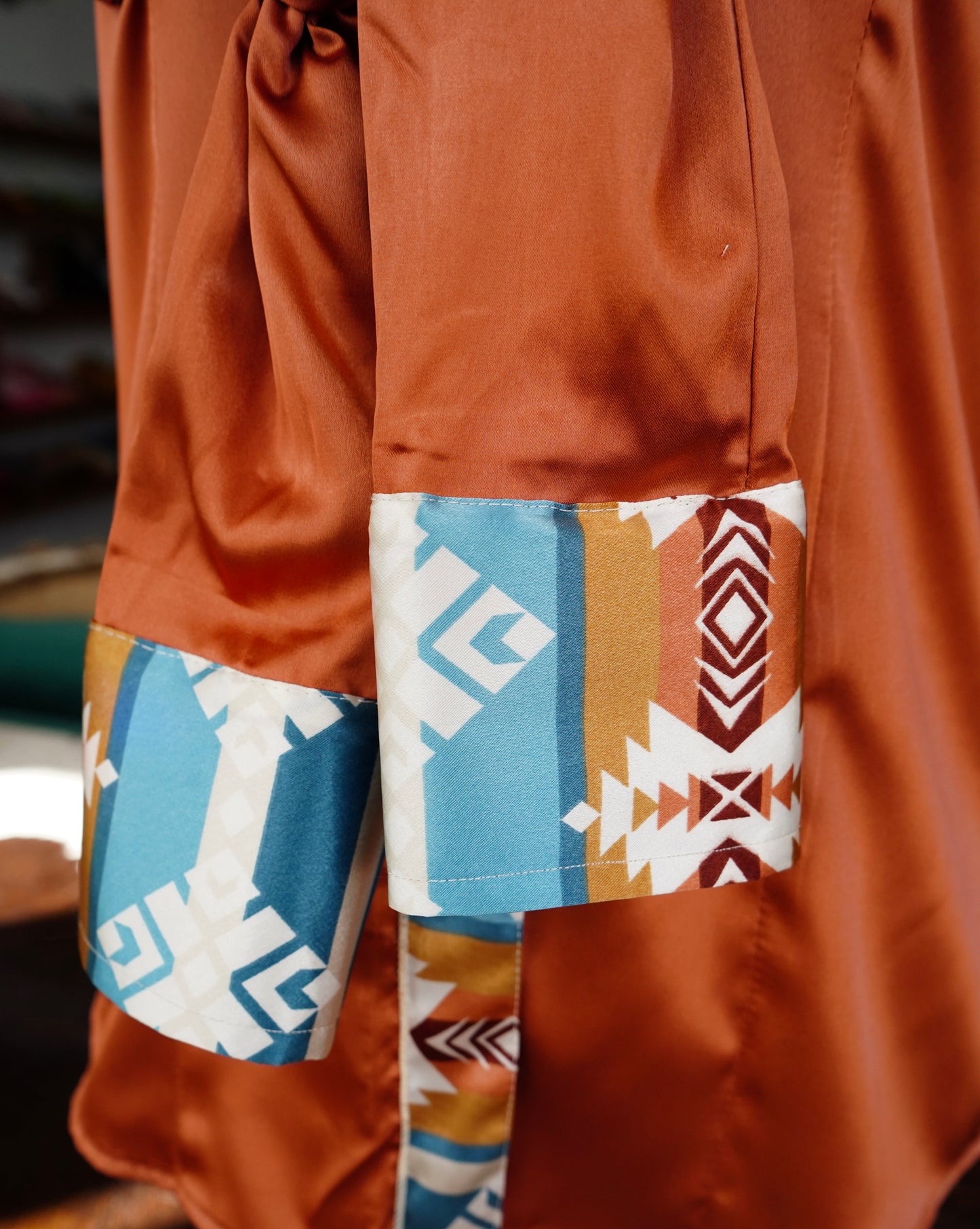 M - Blue/Tan Aztec on Rust Satin Button Down