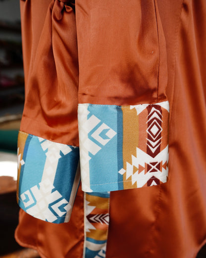 M - Blue/Tan Aztec on Rust Satin Button Down