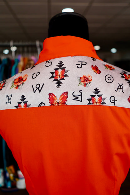 M - Orange Branded Butterflies on Orange Cotton Button Down