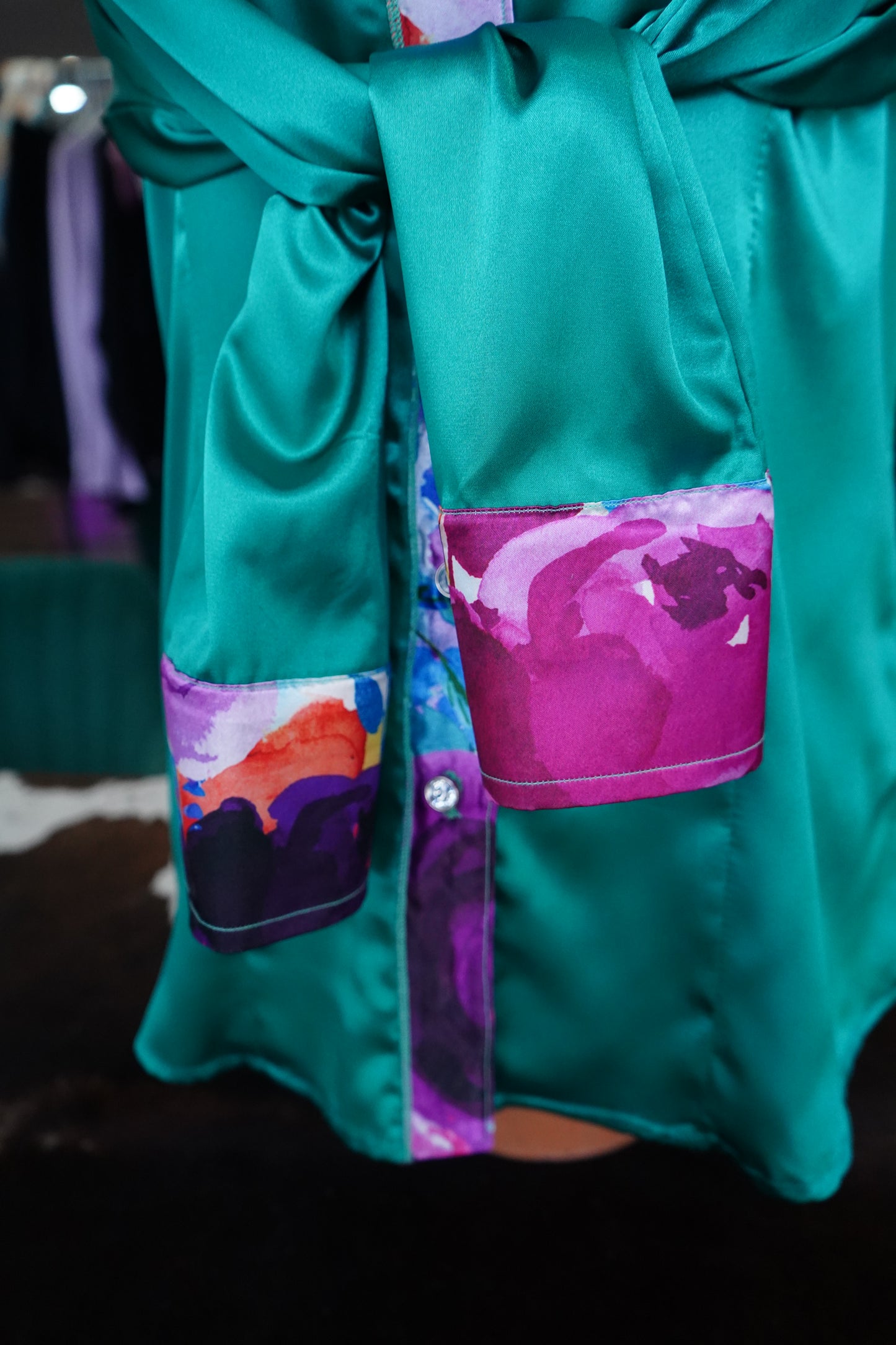 L - Watercolor Floral on Emerald Satin Button Down