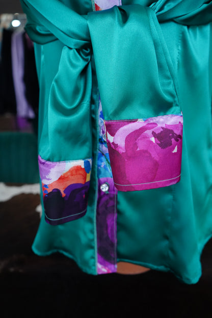 L - Watercolor Floral on Emerald Satin Button Down