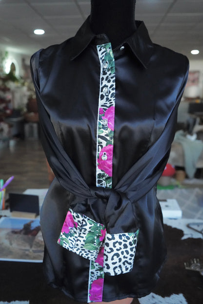 M - Snow Leopard & Roses on Black Satin Button Down