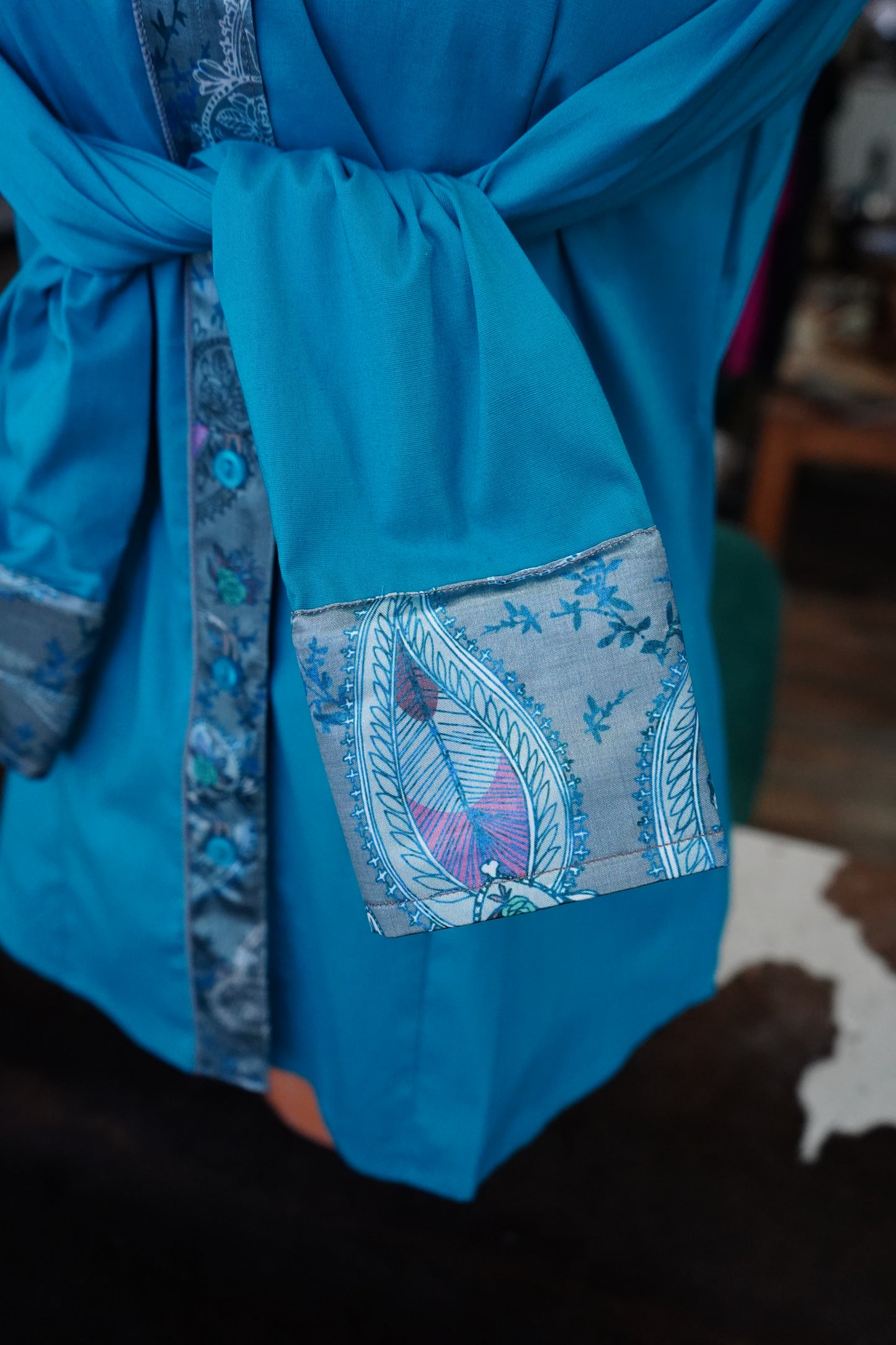 M - Gray Boho Paisley on Teal Cotton Button Down