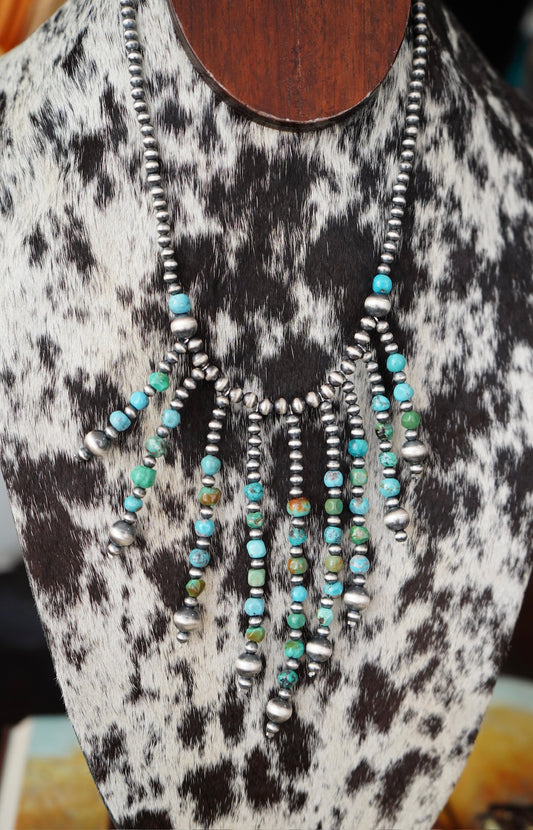 Turquoise & Sterling Silver Pearls Fringe Necklace