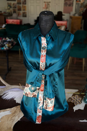 L - Rust & Deep Teal Floral on Teal Button Down
