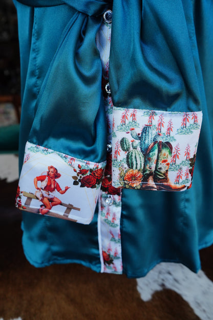 L - Red Headed Cowgals on Teal Satin Button Down