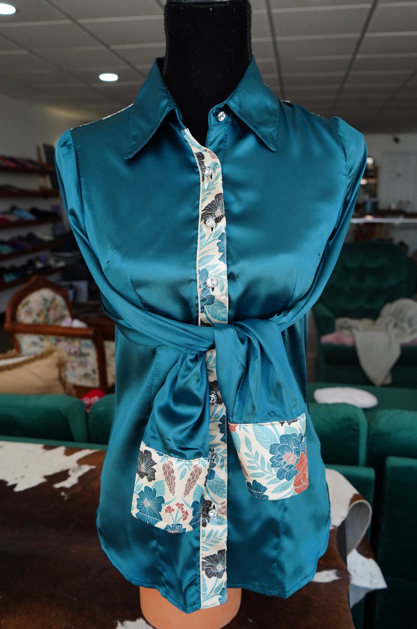 S - Rust & Teal Floral on Teal Satin Button Down