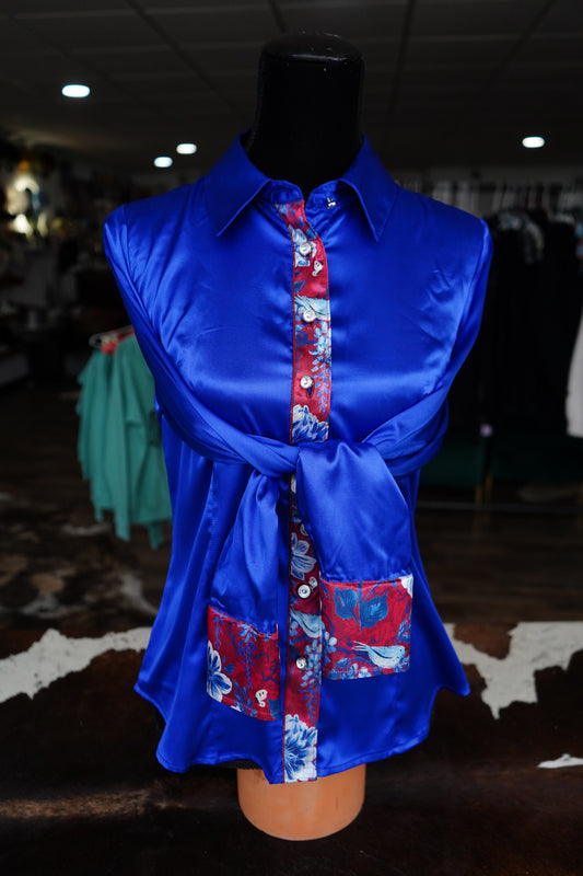 L - Sketched Deep Patriotic Floral on Royal Blue Satin Button Down w/ 3 Layer Fringe