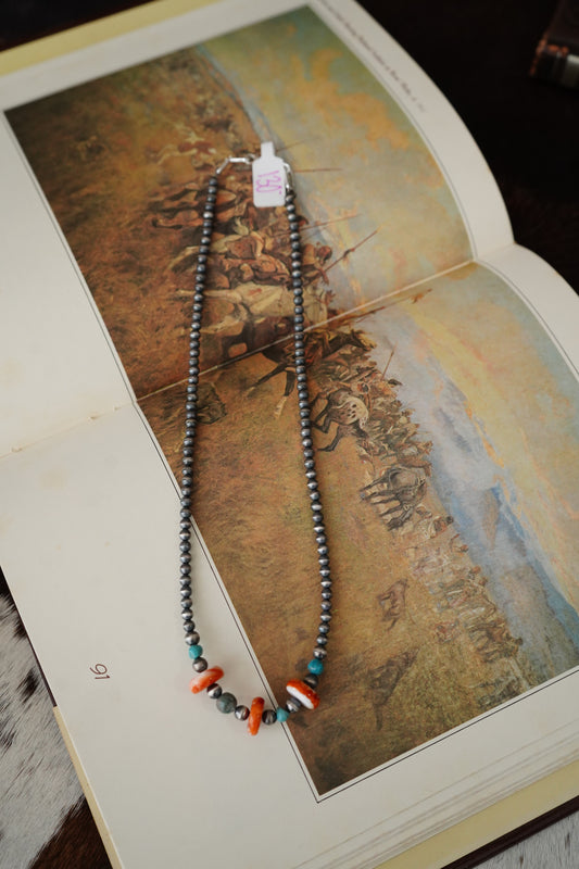 Sterling Silver Pearls w/ Turquoise & Orange Spiny Necklace - 18”