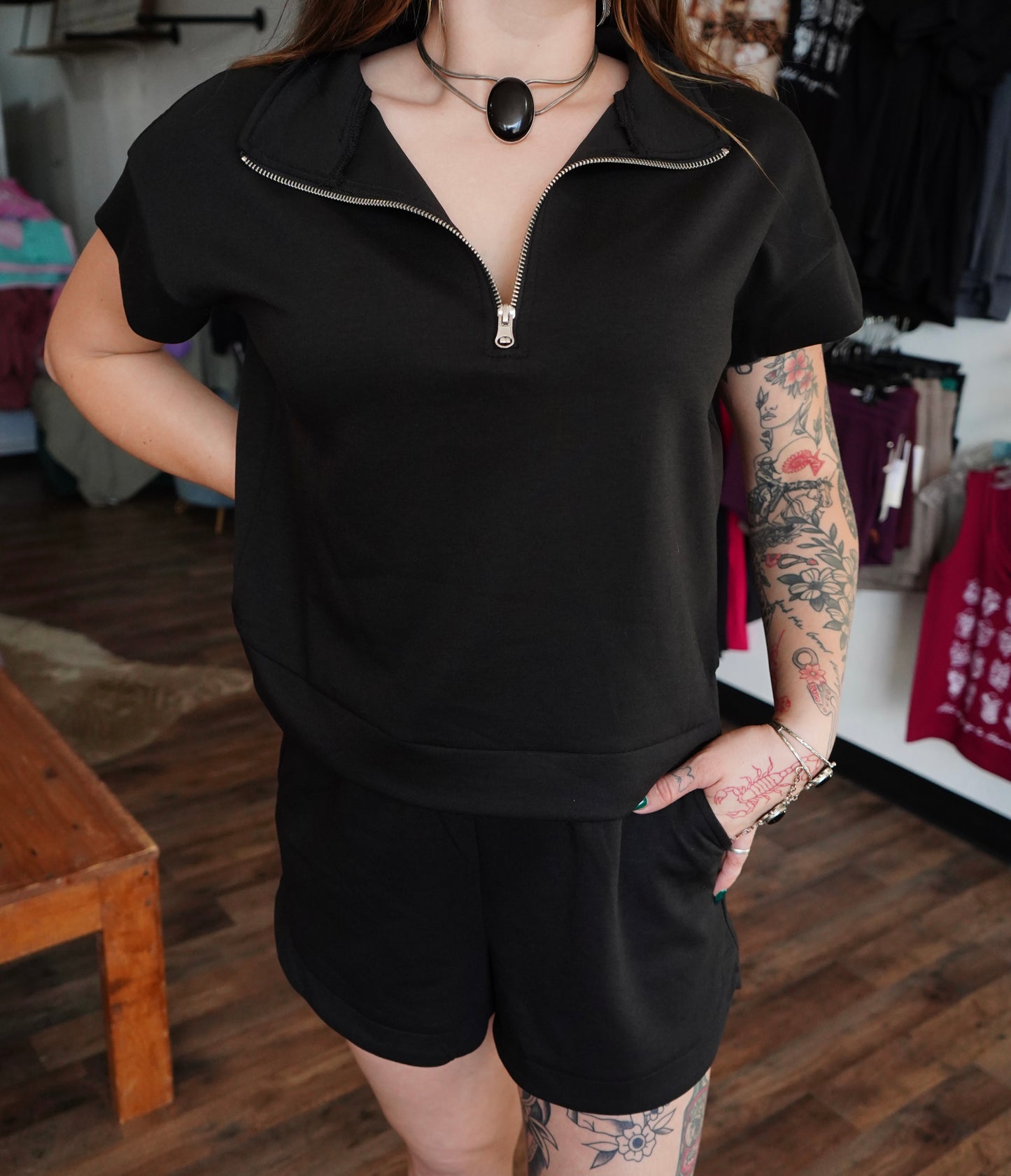 Daisy Hope - Scuba High Neck 1/2 Zip Top & Dolphin Shorts Set