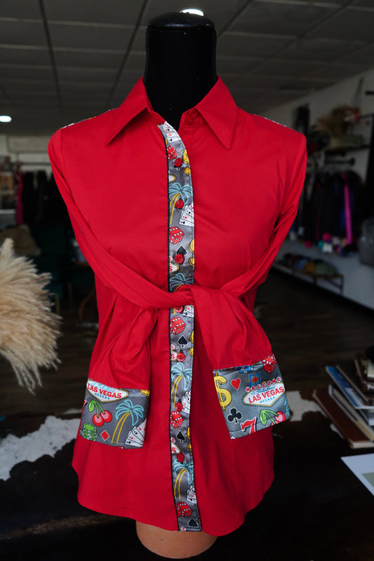 M - Gray Vegas on Red Cotton Button Down