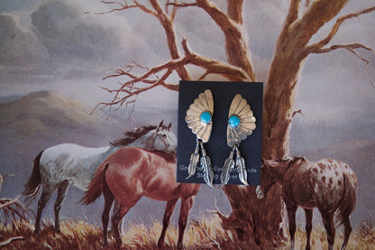 Half Circle Turquoise Post Studs w/ Feather Dangles