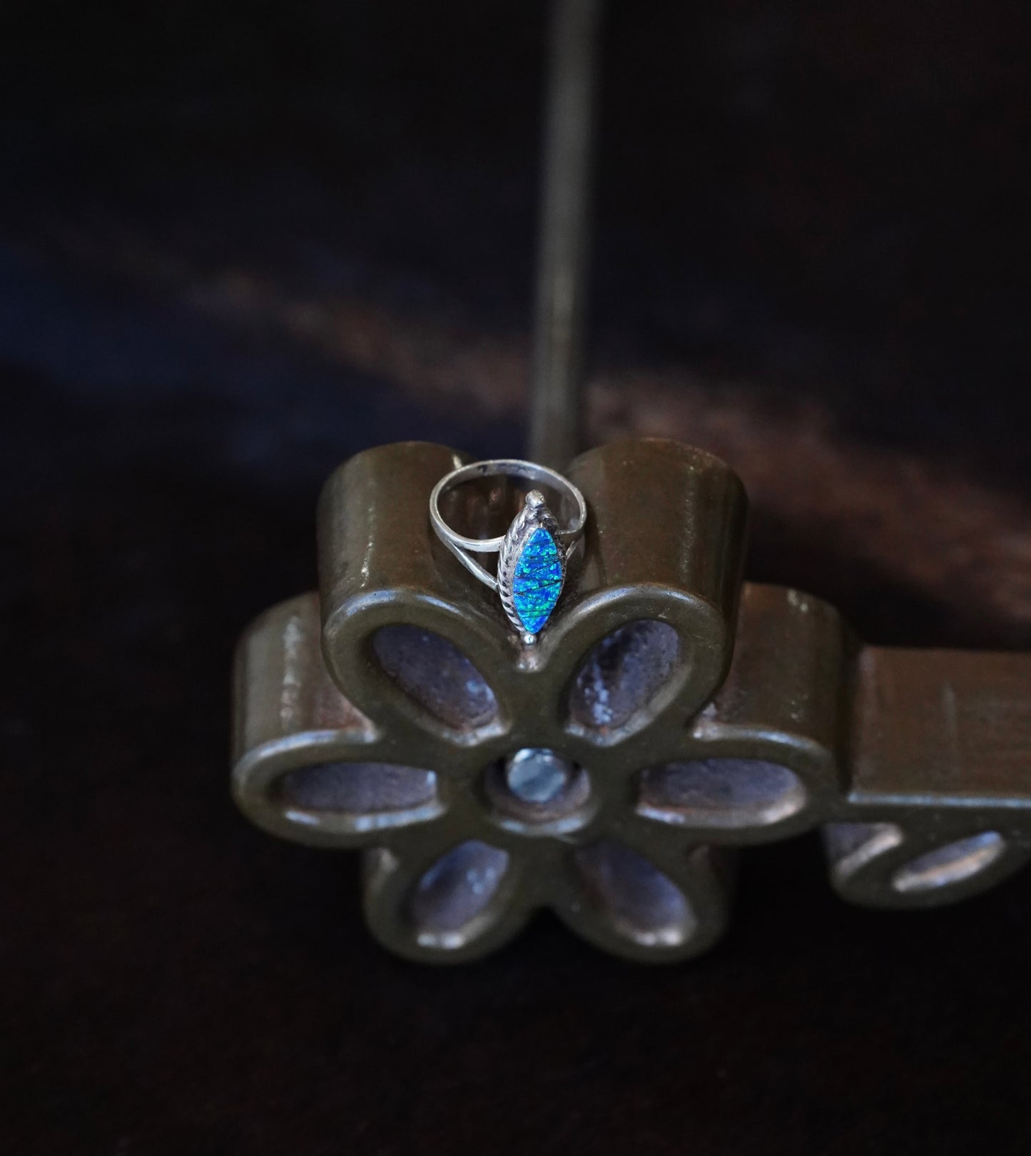 Skinny Oval Blue Opal Inlay Ring - Sz 8