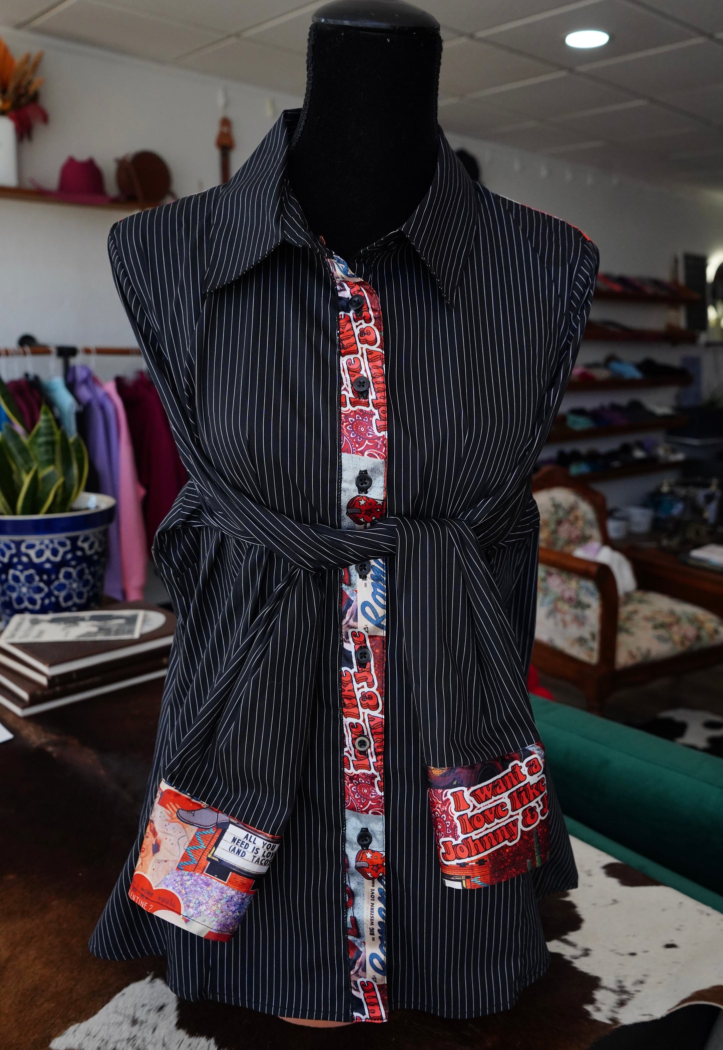 2XL - Cowboy Love on B/W Pinstripe Cotton Button Down