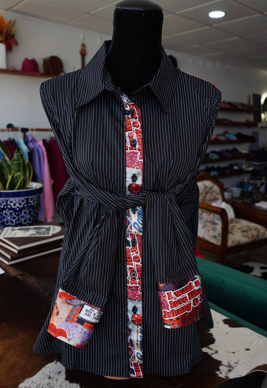 2XL - Cowboy Love on B/W Pinstripe Cotton Button Down