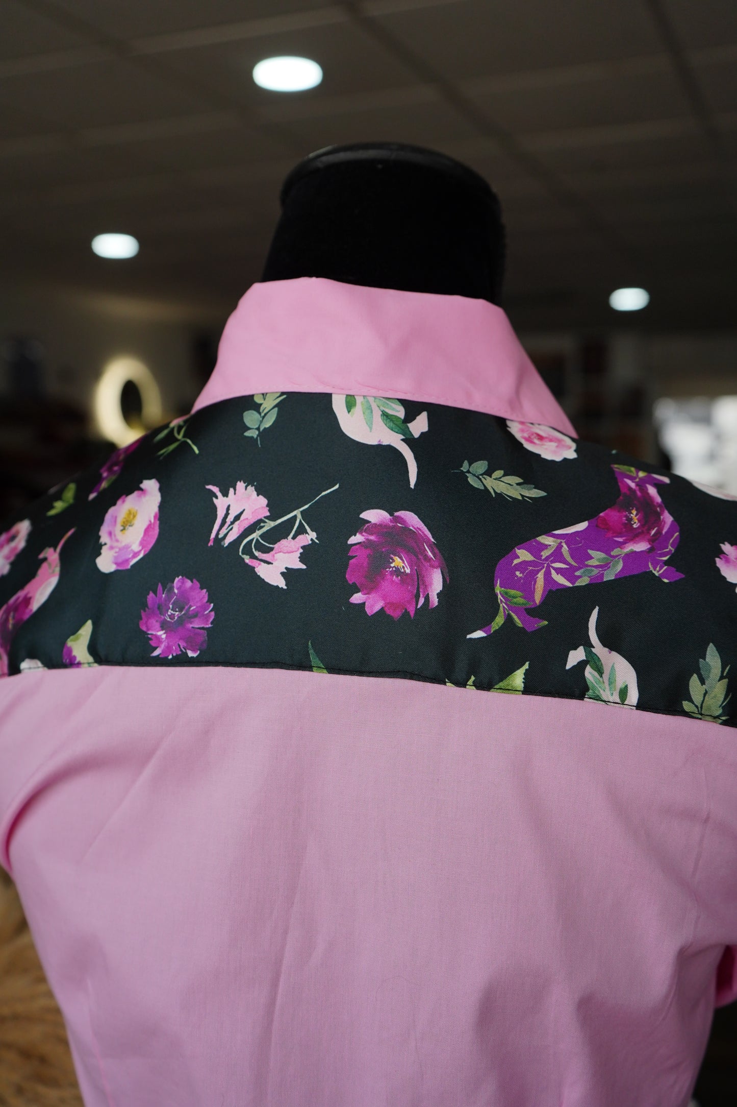 M - Black Floral Weenie Dawgs on Light Pink Cotton Button Down