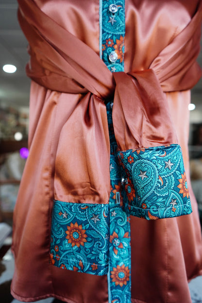 L - Teal & Rust Floral Paisley on Rust Satin Button Down