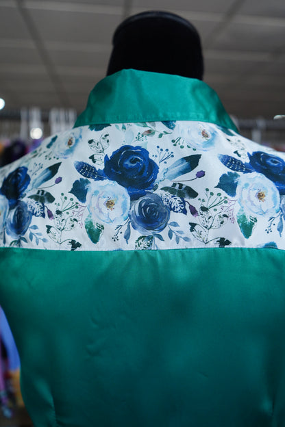 M - Navy Feather Floral on Emerald Satin Button Down