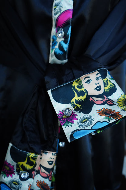 XL - Comic Cowgirls on Black Satin Button Down