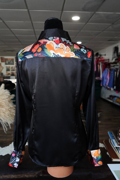 L - Black Painted Wildflowers on Black Satin Button Down